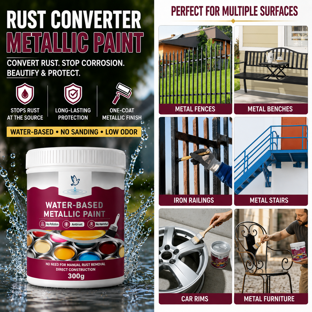 LIMITED TIME 50% OFF⚡MiaHome™ Rust Converter Metallic Paint – One coat stops rust, no sanding, no fumes.Perfect for garden tools & gates. 🔨🛡️